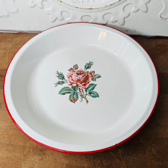 RED TRIM ENAMEL VINTAGE ROSE LARGE PLATE