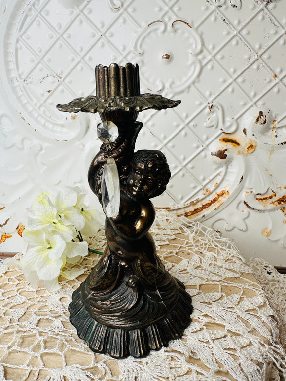 PERFECTLY PATINAD ANTIQUE VINTAGE SILVER CHERUB AND GEM CANDLESTICK HOLDER