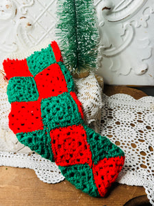 HANDMADE VINTAGE RED AND GREEN CHRISTMAS STOCKING