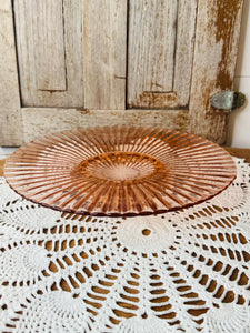 PINK RIBBED VINTAGE GLASS TRAY ON PEDESTAL