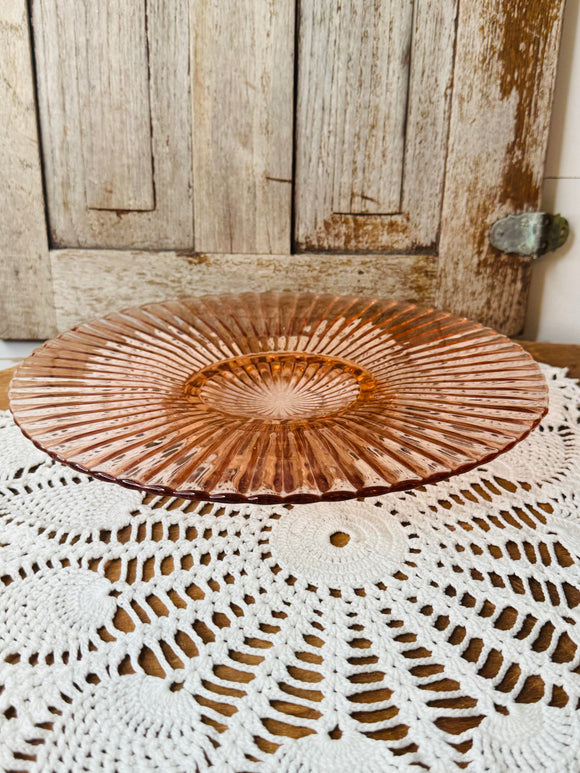 PINK RIBBED VINTAGE GLASS TRAY ON PEDESTAL