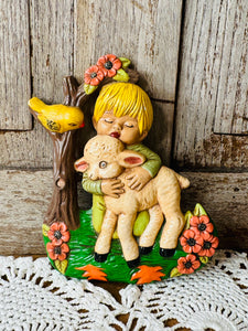 VINTAGE BOY WITH SHEEP CERAMIC WALL DECOR