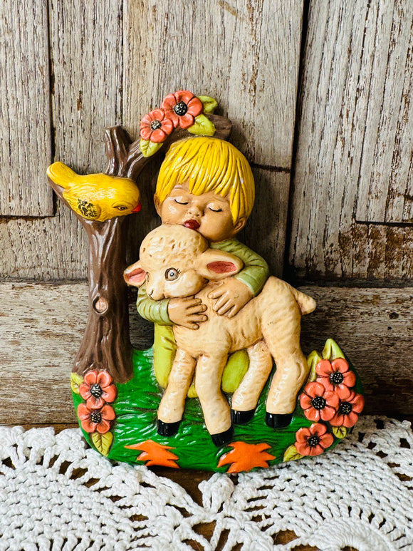 VINTAGE BOY WITH SHEEP CERAMIC WALL DECOR