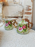 VINTAGE LEFTON SET OF FLORAL PORCELAIN SUGAR AND CREAMER WITH GOLD TRIM