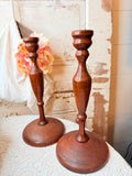 VINTAGE PAIR OF TALL ENGLISH STYLE TURNED WOOD CANDLESTICKS