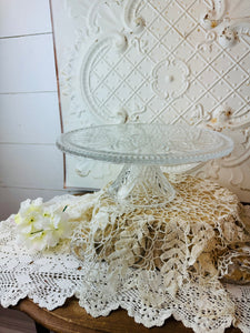 DETAILED ETCHED VINTAGE CRYSTAL GLASS CAKE PLATE AND PEDESTAL