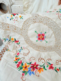 VINTAGE FRENCH EMBROIDERED LACE LARGE TABLECLOTH