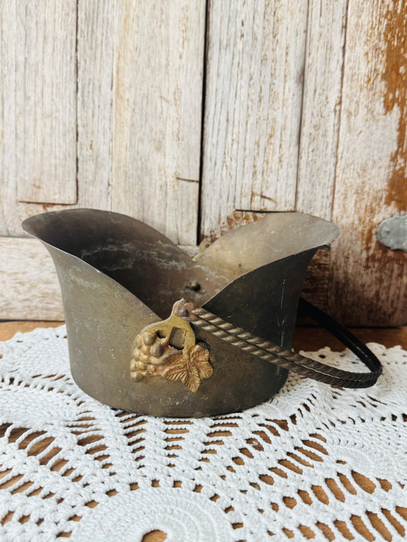 VINTAGE GRAPE MOTIF BRASS HANDLED BASKET