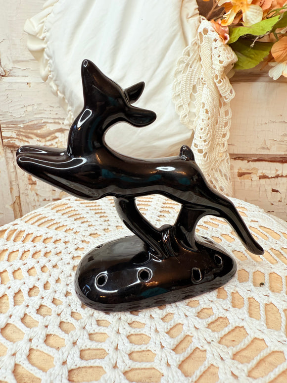 VINTAGE BLACK DEER REINDEER ORNATE STATUETTE FLOWER FROG