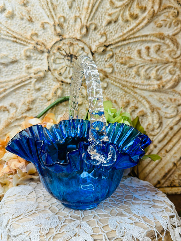 BLUE GLASS VINTAGE RUFFLED BASKET