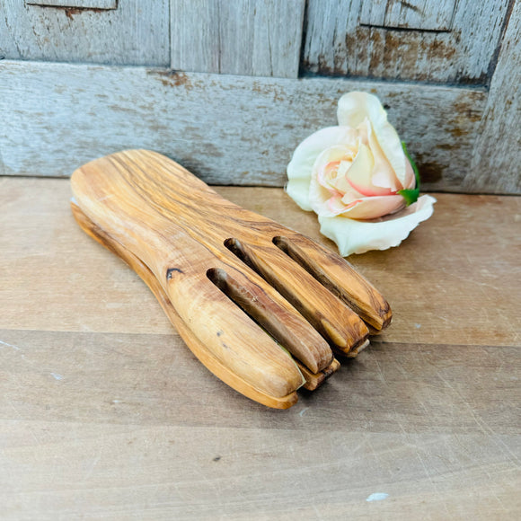 OLIVE WOOD HAND CARVED SALAD SET TONGS