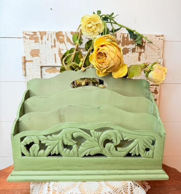 VINTAGE GREEN WOOD DESK ORGANIZER