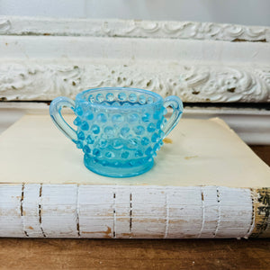 FENTON HOBNAIL VINTAGE BLUE OPALESCENT DOUBLE HANDLED SUGAR BOWL