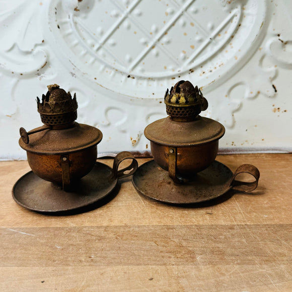 PAIR OF ANTIQUE COPPER OIL LAMPS