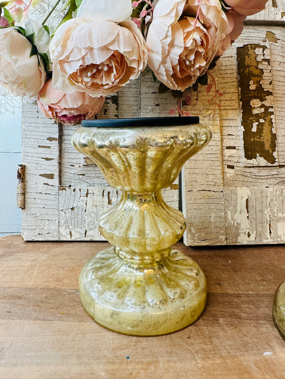 GOLD MERCURY GLASS VINTAGE ORNATE CANDLE HOLDER - 2 AVAILABLE