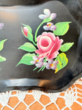 VINTAGE ORNATE HAND PAINTED FLORAL BLACK AND VIBRANT TOLE TRAY