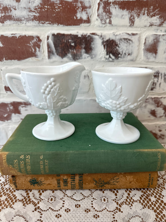 SET OF MILK GLASS GRAPE MOTIF CREAMER AND SUGAR BOWL