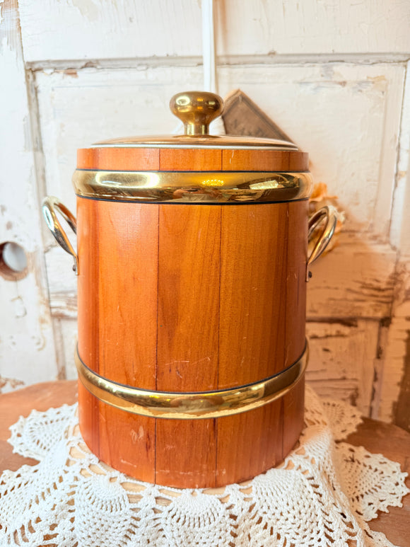 XL vintage wood and brass ice bucket ￼