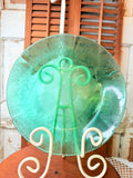 Vintage ribbed, ornate green glass, large plate decor ￼