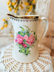 VINTAGE FLORAL PORCELAIN PITCHER WITH GOLD ACCENT