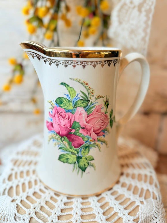 VINTAGE FLORAL PORCELAIN PITCHER WITH GOLD ACCENT