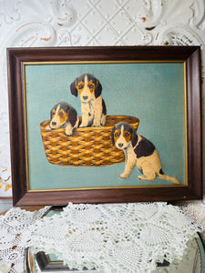 PUPPIES IN A BASKET HANDMADE FRAMED VINTAGE ART