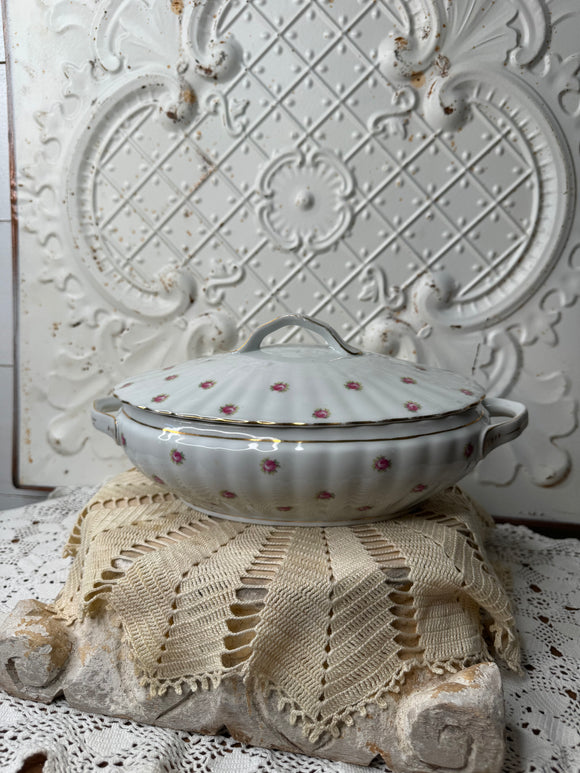 SHABBY CHIC FLORAL VINTAGE GOLD TRIM DISH WITH LID ORNATE