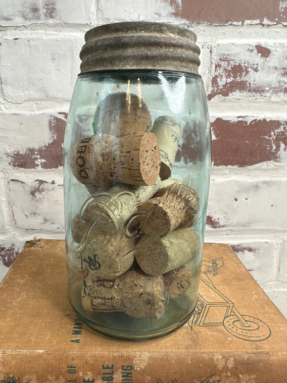 ANTIQUE BLUE MASON JAR WITH CORKS