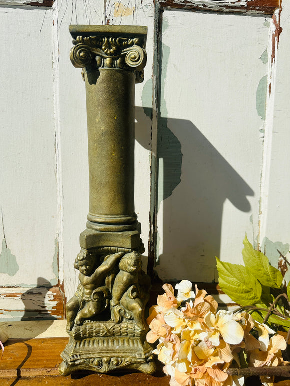 PERFECTLY PATINAD CHERUB PILLAR CANDLE HOLDER SCROLLY XL