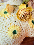 BEIGE WITH YELLOW FLOWER GRANNY SQUARE AFGHAN