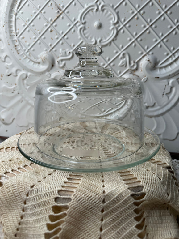 BOAT ETCHED VINTAGE HEAVY GLASS PLATE AND CLOCHE