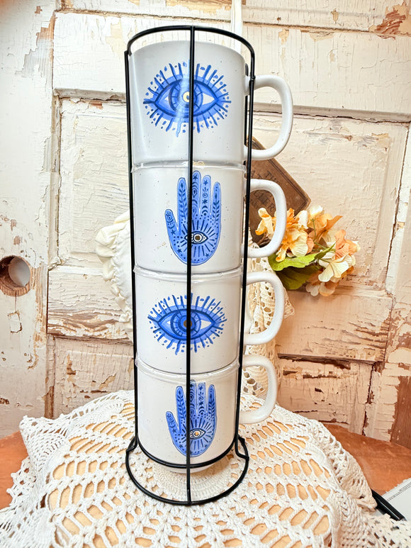 VINTAGE EVIL EYE MUGS WITH RACK