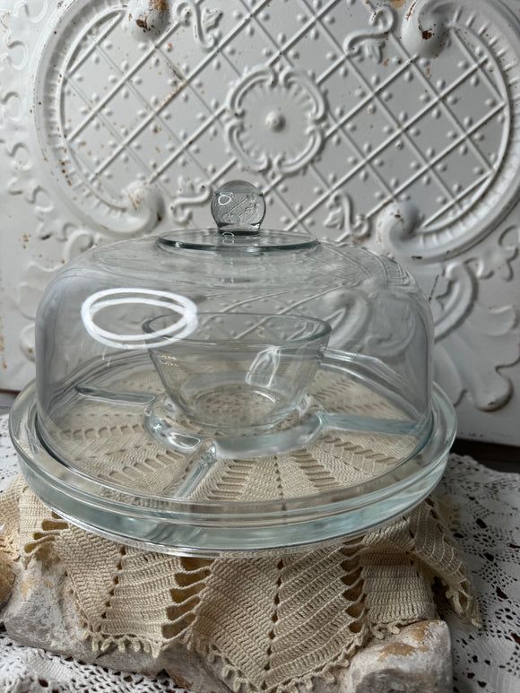 VINTAGE HEAVY GLASS DIVIDED DISH PLATE AND CLOCHE WITH BOWL