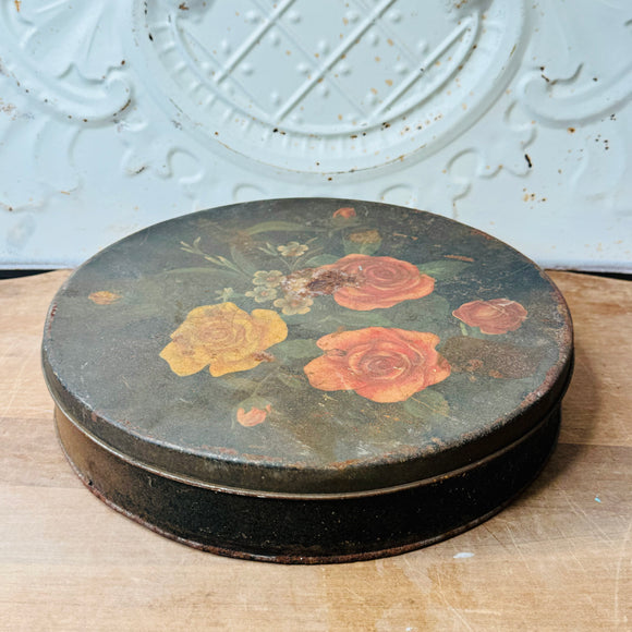 ANTIQUE ROSE TIN CIRCLE BOX