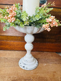 DISTRESSED TALL WHITE FOOTED COMPOTE / CANDLE HOLDER WITH BERRY WREATH RING