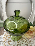 GREEN TEXTURED VINTAGE GLASS COMPOTE WITH LID ON PEDESTAL