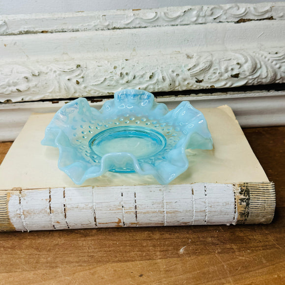 BLUE OPALESCENT GLASS VINTAGE RUFFLE HOBNAIL FENTON DISH - 2 AVAILABLE