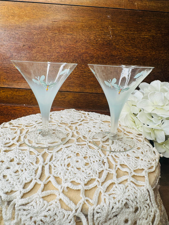 VINTAGE FROSTED GLASS DRAGONFLY CORDIAL GLASSES SET OF 2