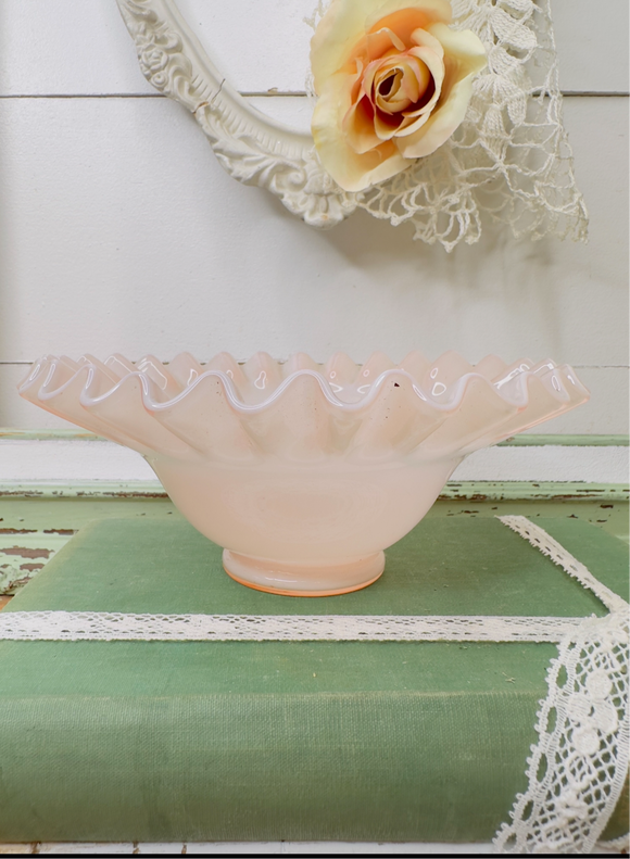 PINK OVERLAY FENTON RARE SCALLOPED BOWL DISH