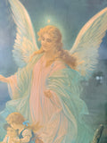 VINTAGE WOOD FRAMED “ANGEL WATCHING OVER CHILDREN” ART WORK
