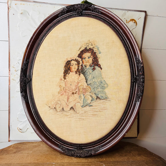 LARGE VINTAGE OVAL WOOD FRAMED CROSS STITCH VICTORIAN GIRLS