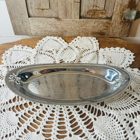 UNIQUE ETCHED SILVER OVAL TRAY VINTAGE