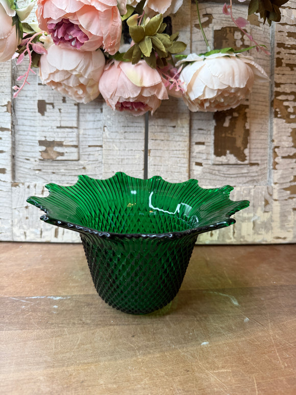 GREEN GLASS ORNATE VINTAGE VASE