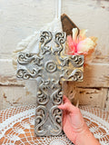 VINTAGE ORNATE PEWTER CROSS DECOR