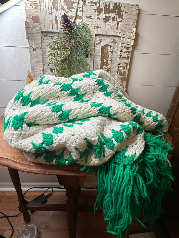 Green and white tassel vintage handmade afghan