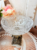 ANTIQUE BRASS AND MARBLE BASE CRYSTAL PEDESTAL BOWL