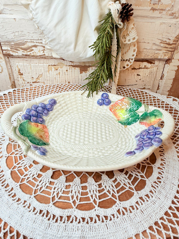 FITZ AND FLOYD ITALY IRONSTONE VINTAGE MAJOLICA STYLE BASKET WEAVE PLATTER
