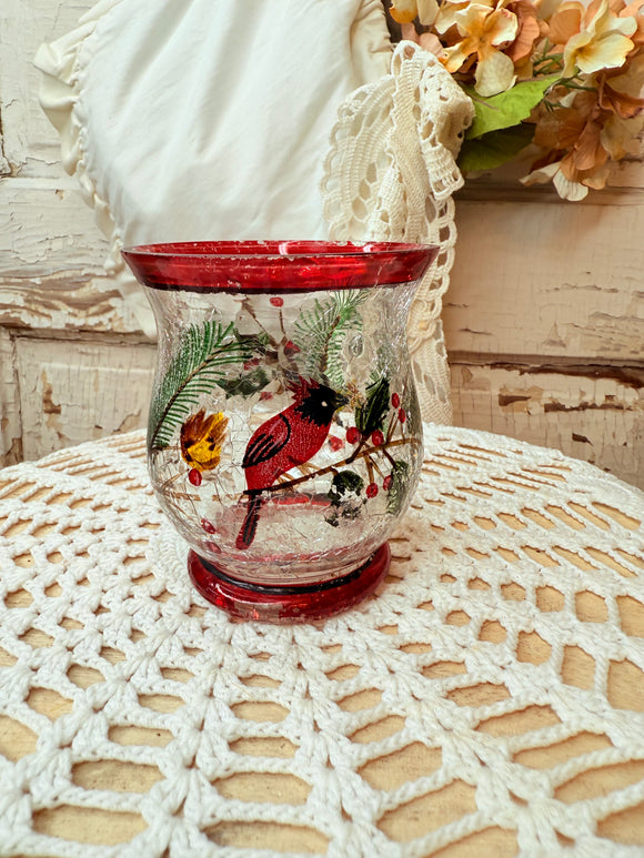 HANDPAINTED GLASS VINTAGE CARDINAL CANDLE HOLDER