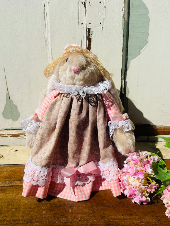 VINTAGE FABRIC BUNNY ON MASON JAR STATUETTE