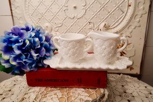 MILK GLASS BUTTON DAISY SUGAR BOWL AND CREAMER ON DISH VINTAGE